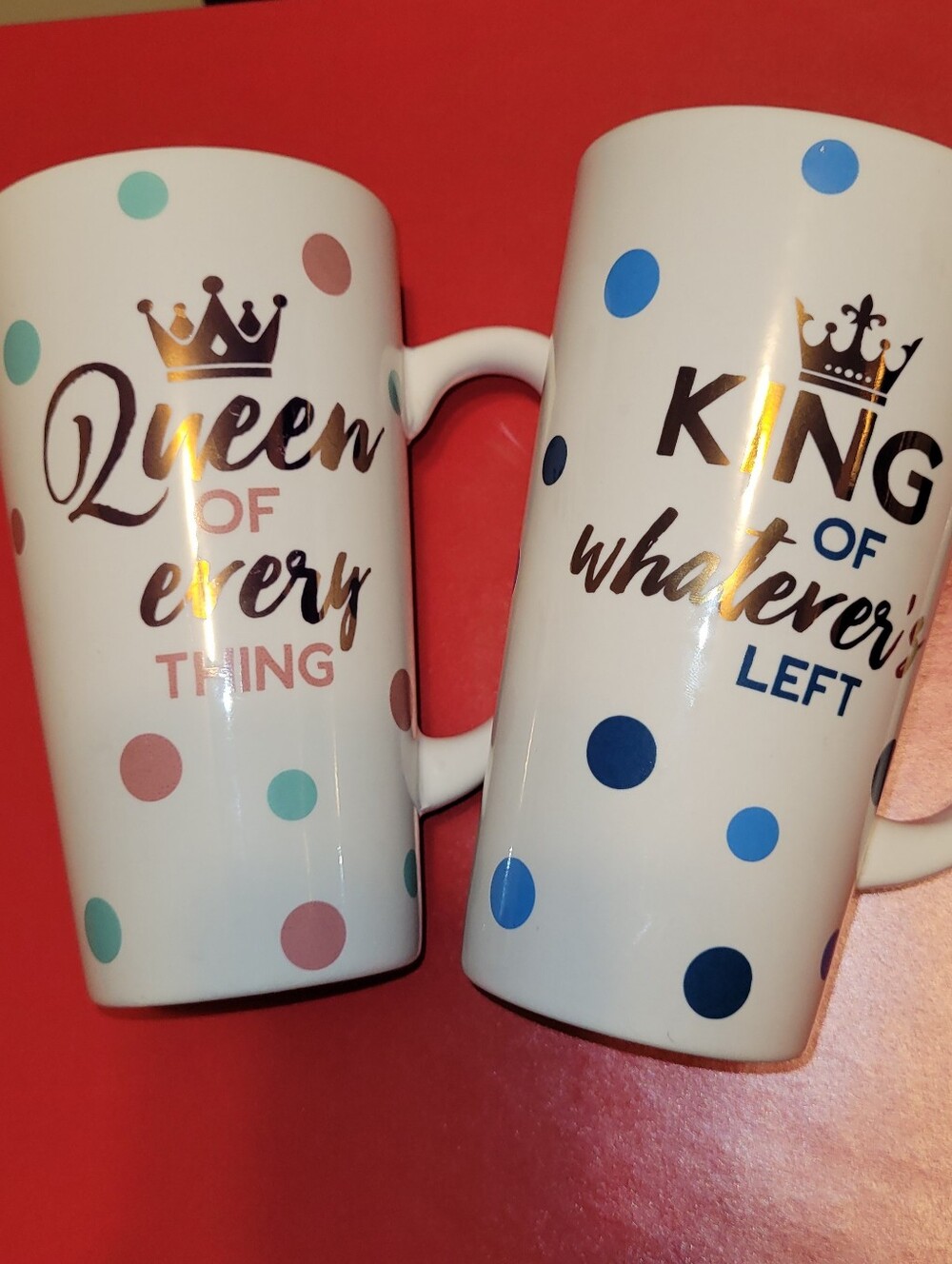 American Antelier 16 Oz. Coffee Mugs.  King & Queen Polkadot Mugs.  Funny!